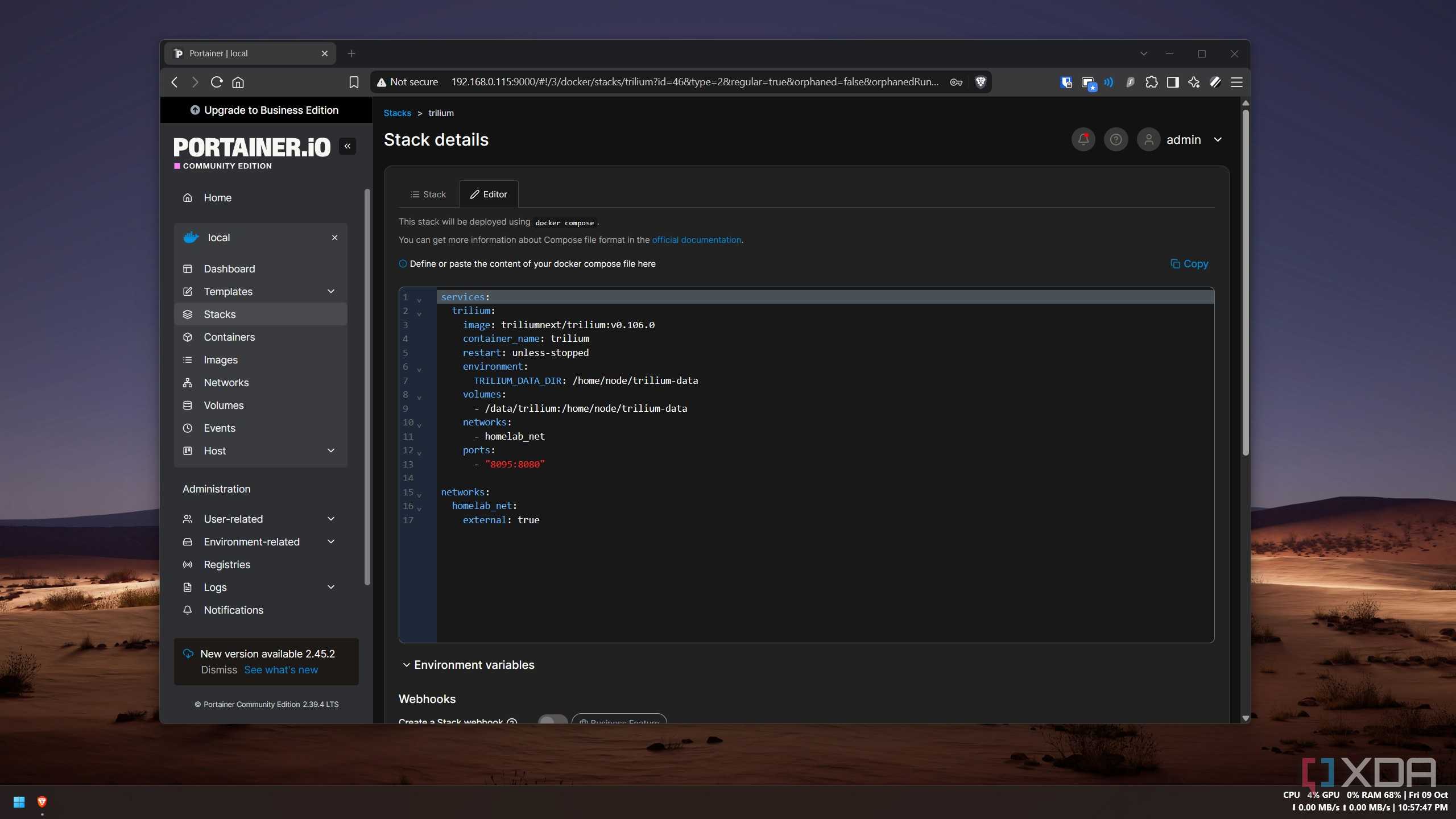 Portainer stack editor showing the Trilium compose file
