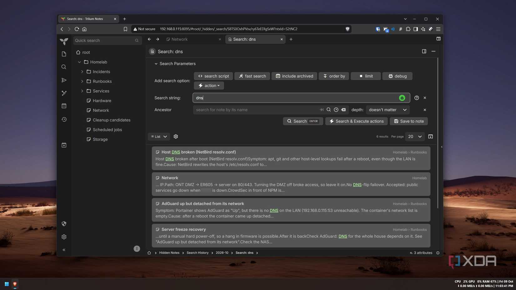 Trilium search results for dns showing matches in runbooks and the network note