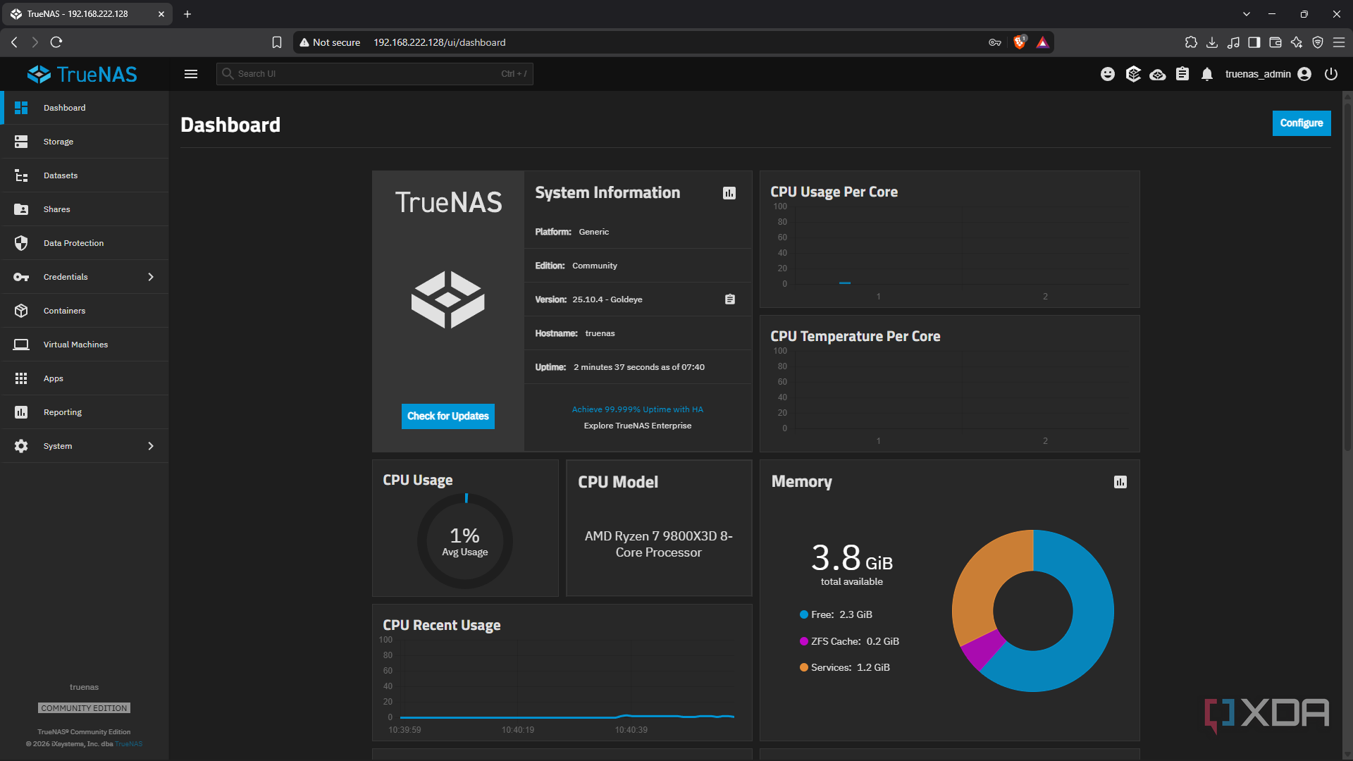 Screenshot of the TrueNAS dashboard in browser