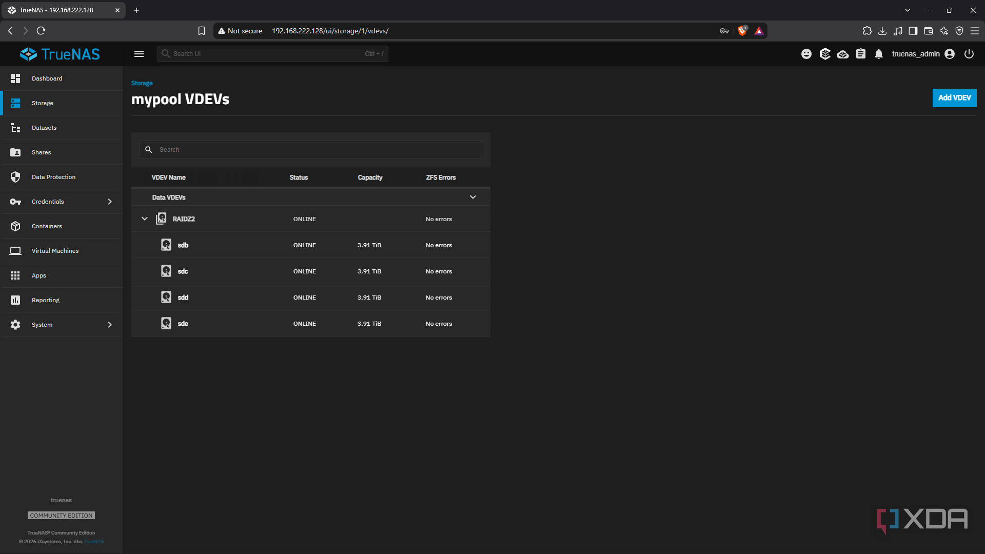 Screenshot of the TrueNAS Vdevs page