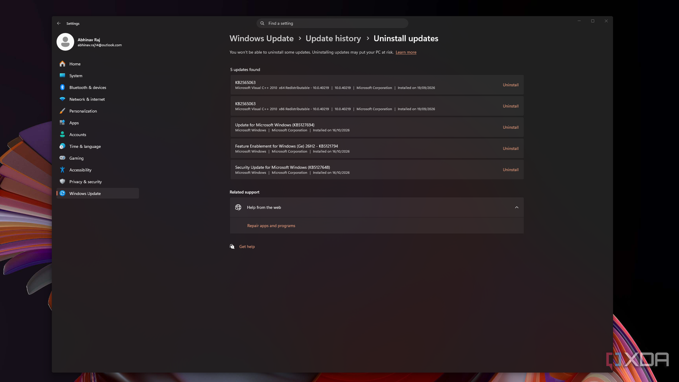 Окно удаления установленных обновлений Windows 11