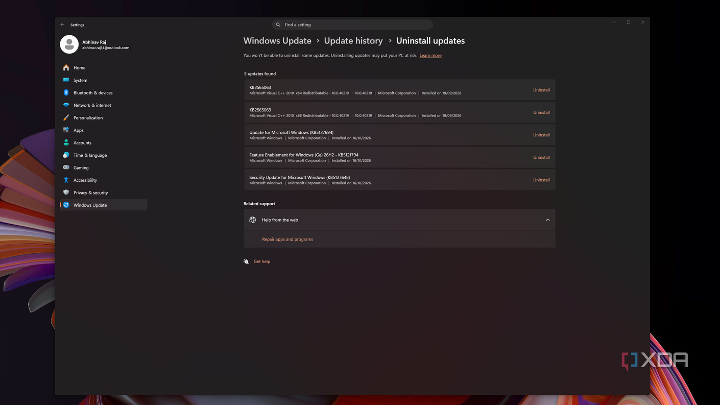 Удаление обновлений Окно удаления установленных обновлений Windows 11