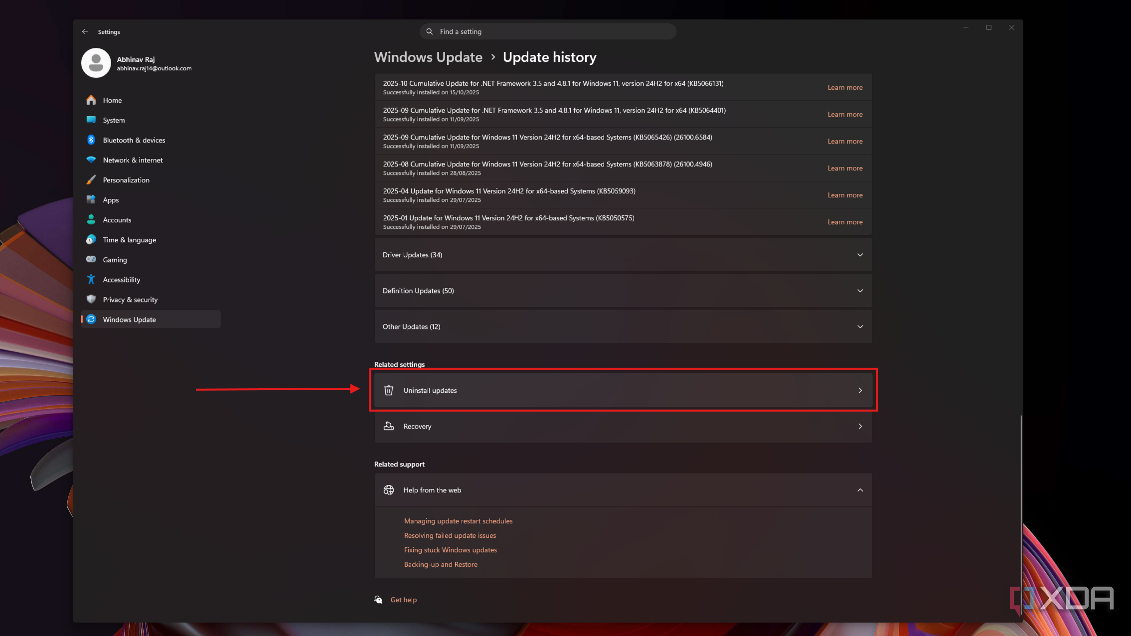 Меню параметров удаления обновлений Windows 11