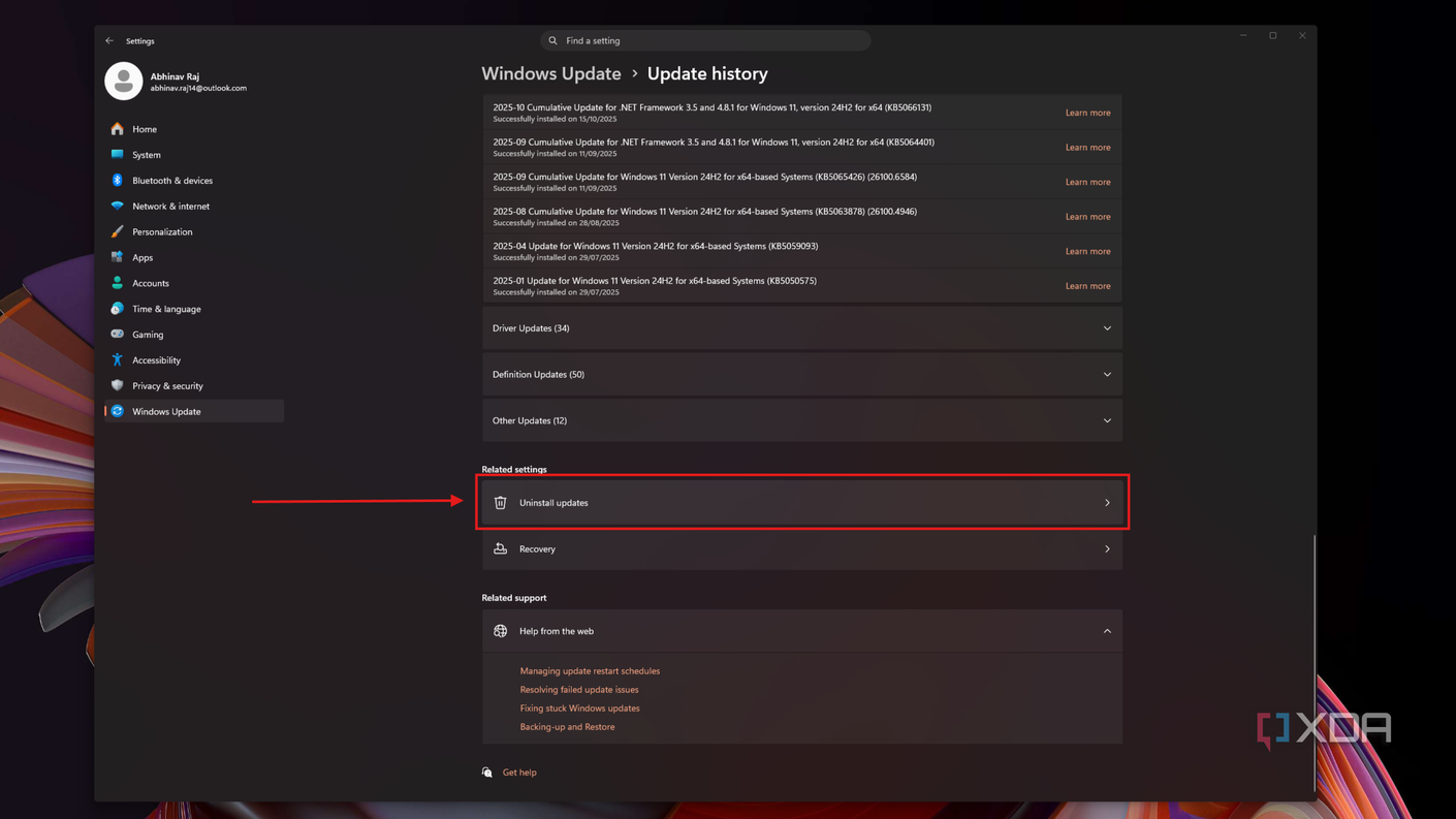 Интерфейс удаления патчей Меню параметров удаления обновлений Windows 11