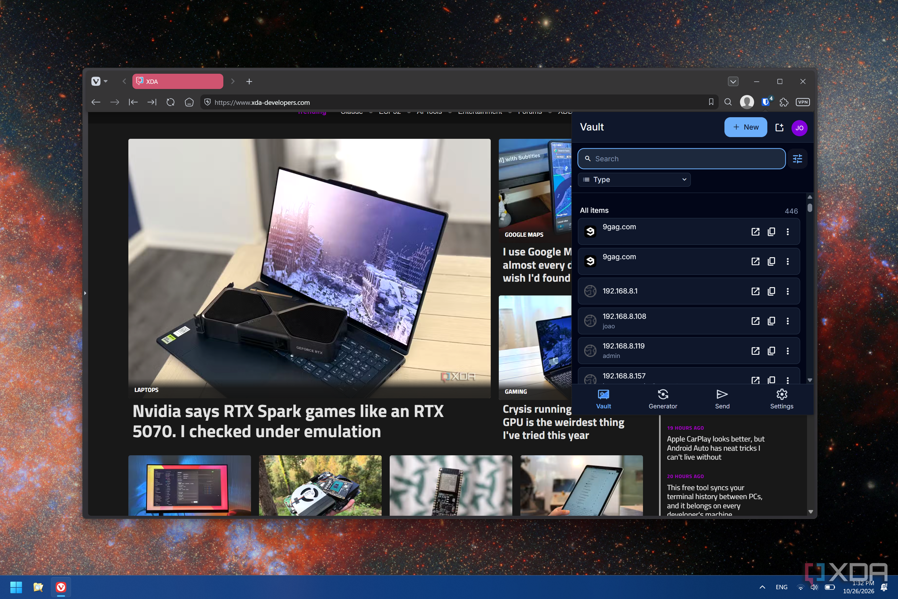 Screenshot of a web browser displaying the XDA homepage with a Bitwarden extension flyout open