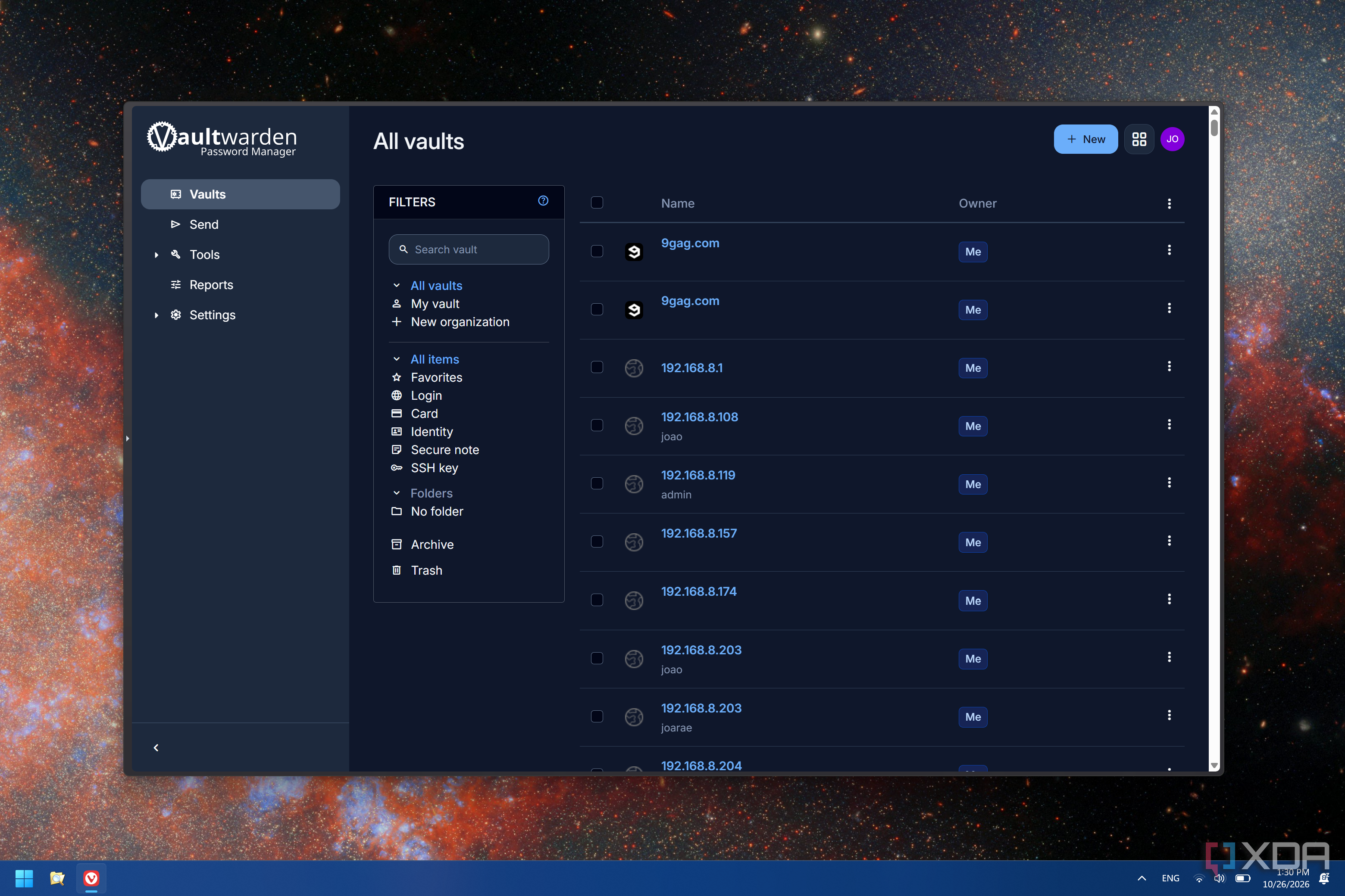 Screenshot of the Vaultwarden homepage in a web browser