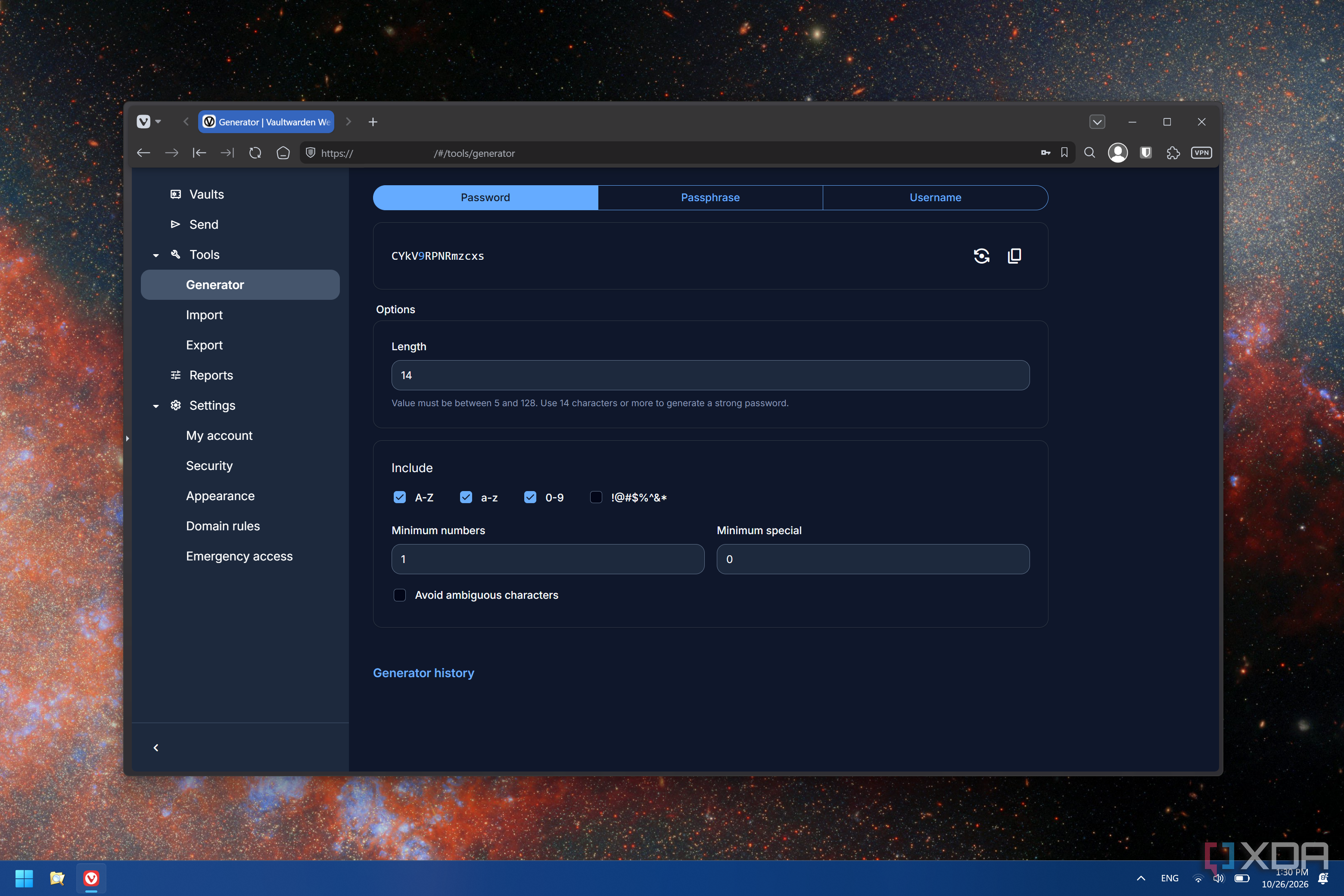 Screenshot of the Vaultwarden generator feature in a web browser