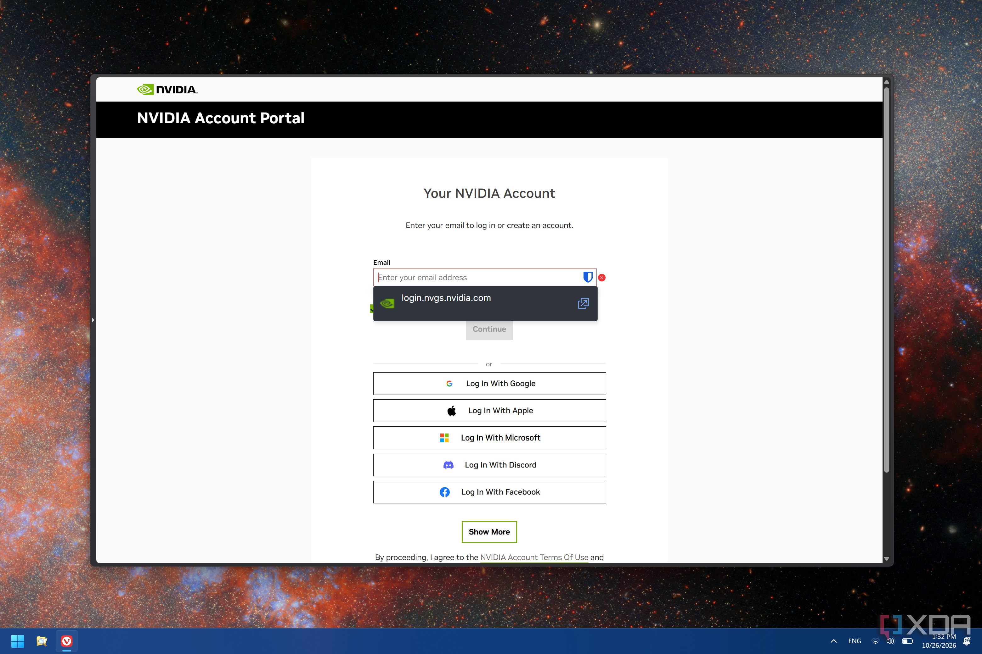 Screenshot of the Nvidia login page showing an autofill suggestion from the Bitwarden extension