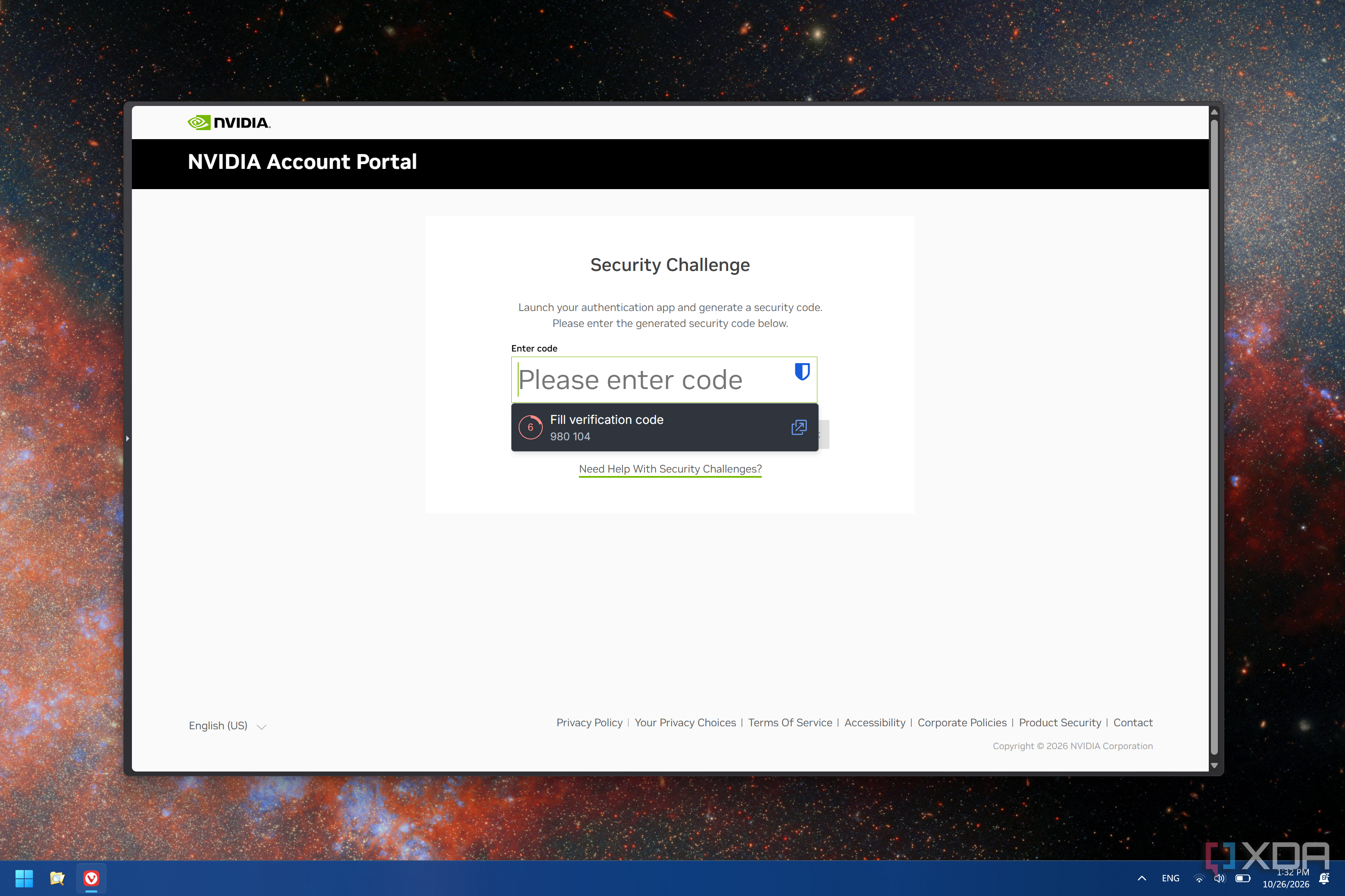 Screenshot of an Nvidia login page with Bitwarden prompting the user to autofill a one-time authentication code