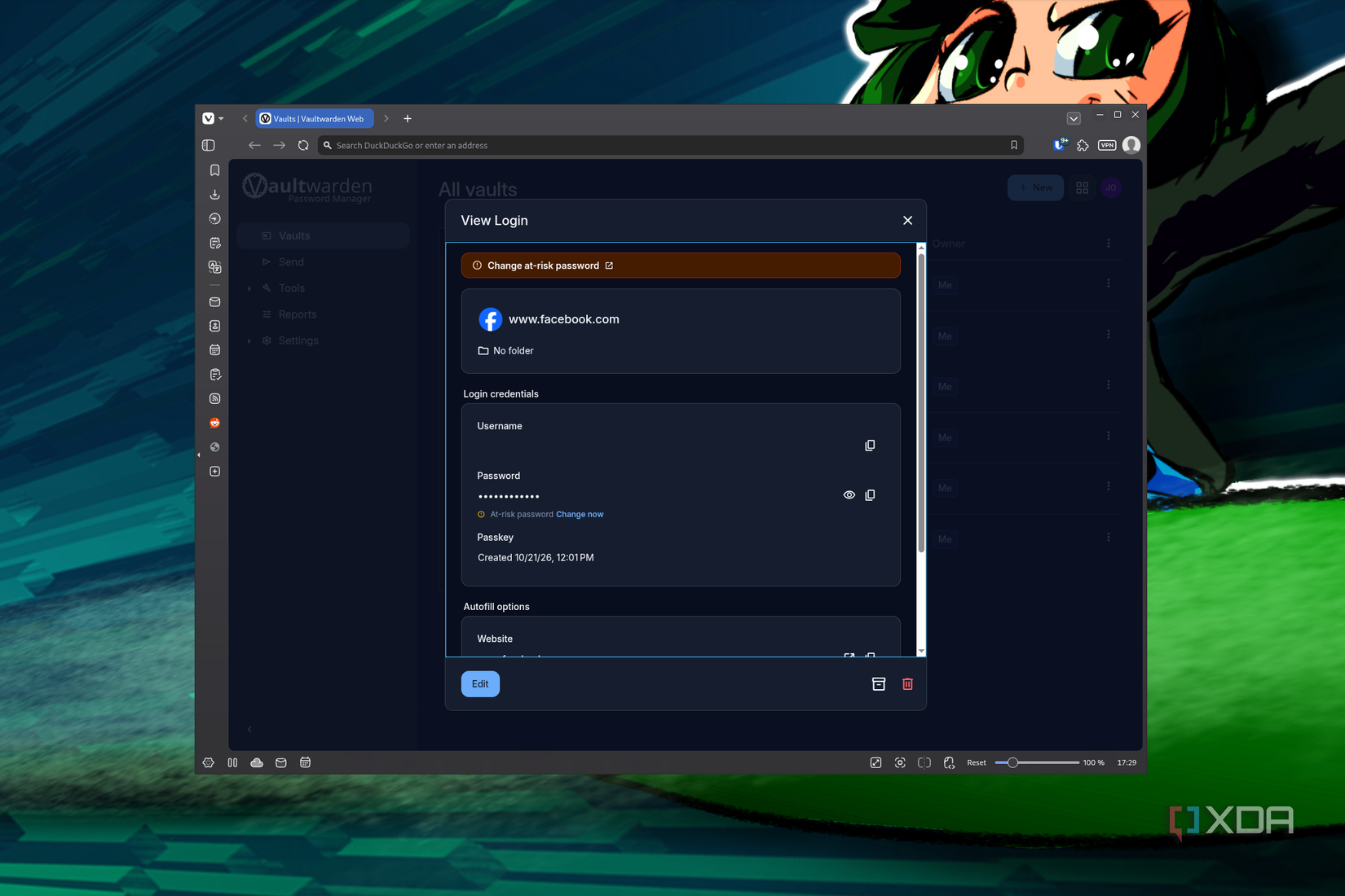Screenshot of Vaultwarden showing login information for a Facebook account, indicating a passkey has been created for the account