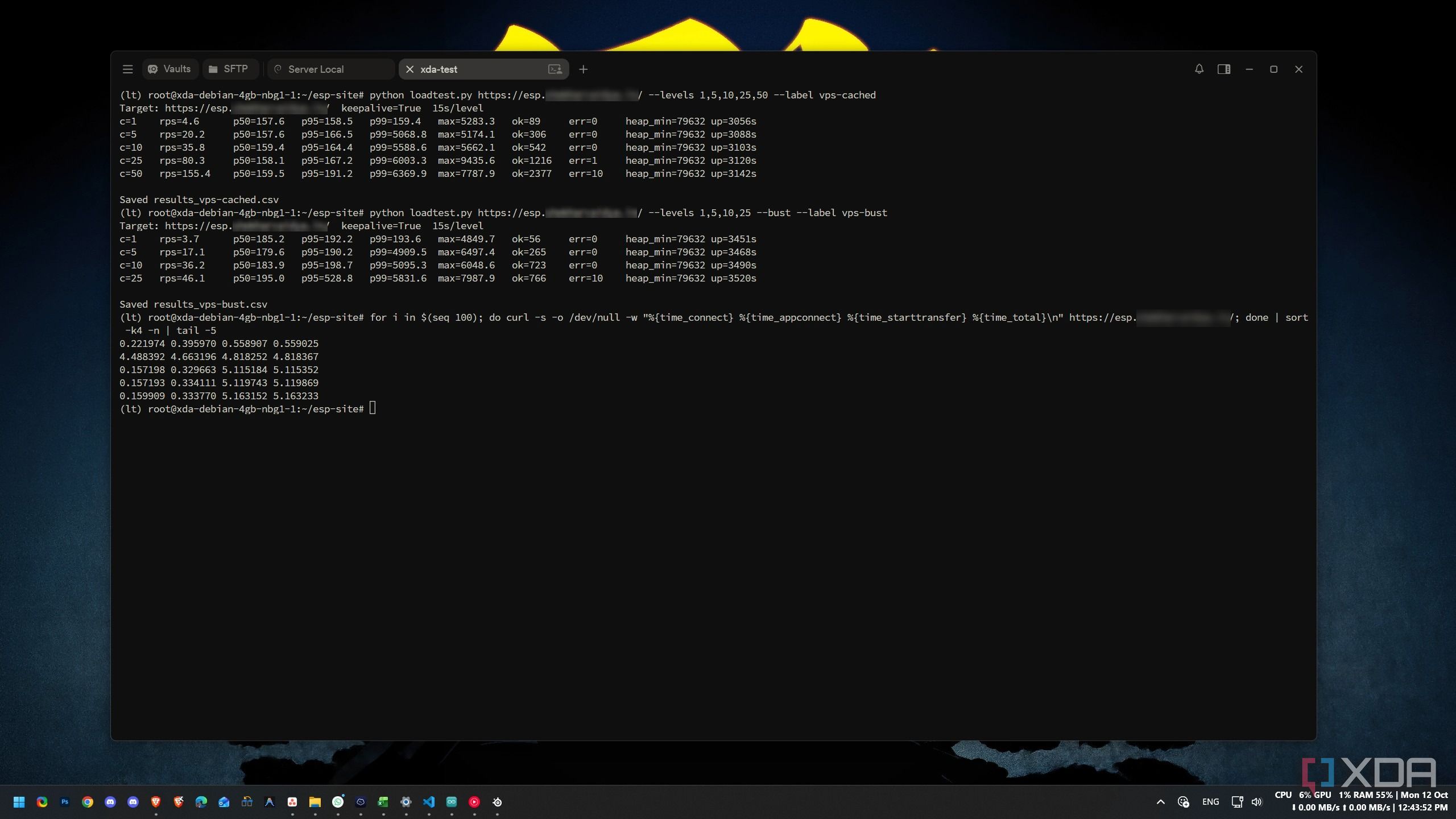 Terminal output of load tests from a remote server comparing cached and cache-busted requests, followed by a connection timing check