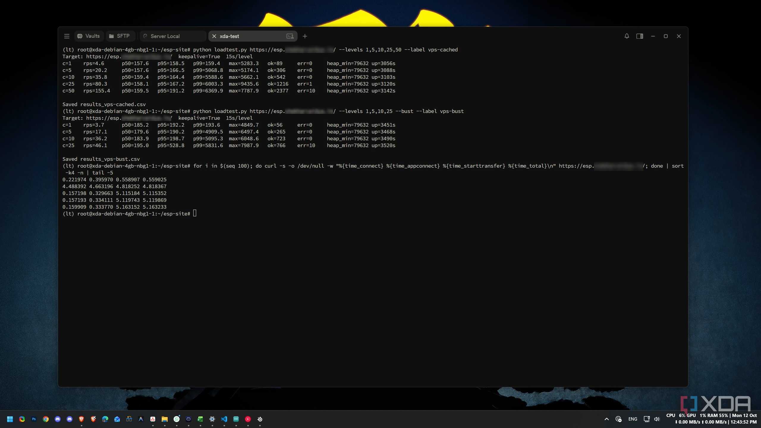 Terminal output of load tests from a remote server comparing cached and cache-busted requests, followed by a connection timing check