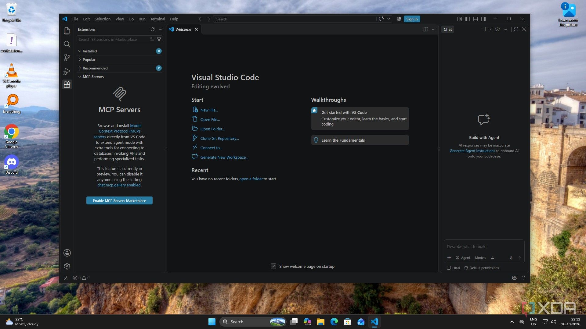 VS Code’s extensions panel with no installed extensions