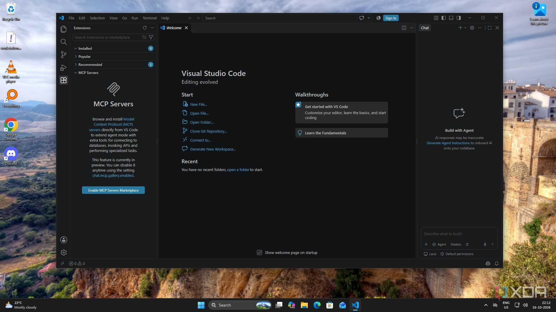 VS Code’s extensions panel with no installed extensions