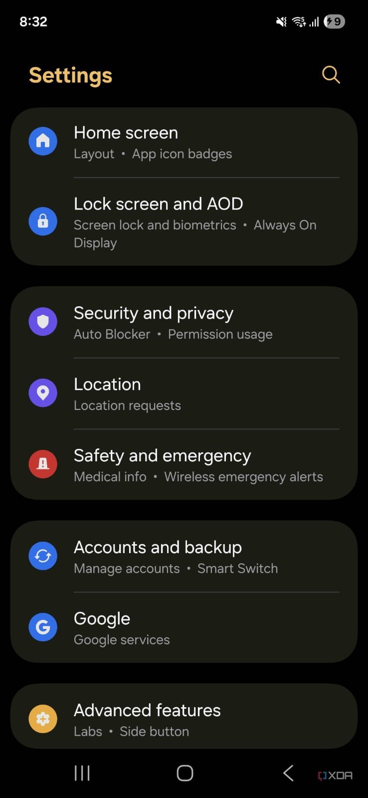 Settings home