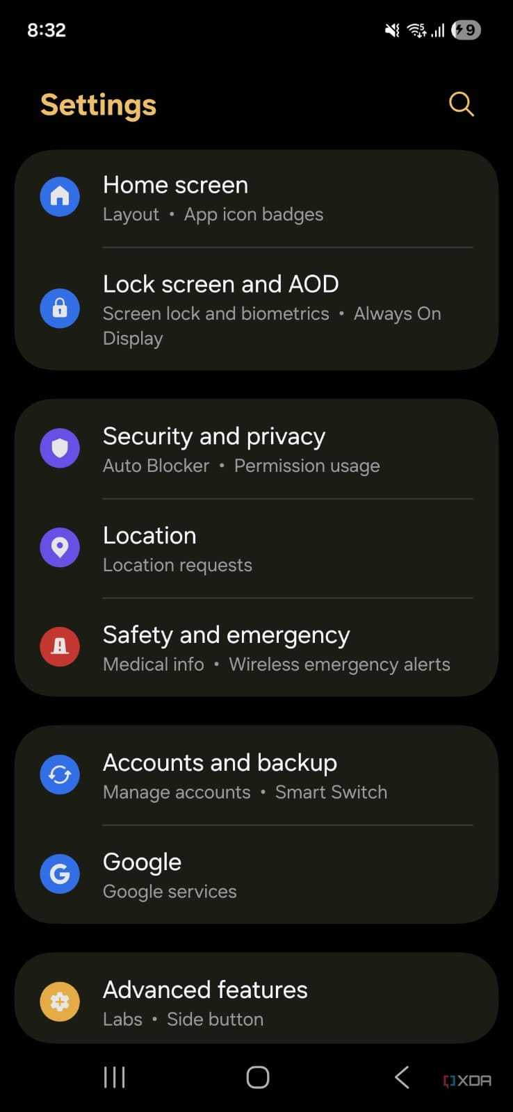 Settings home