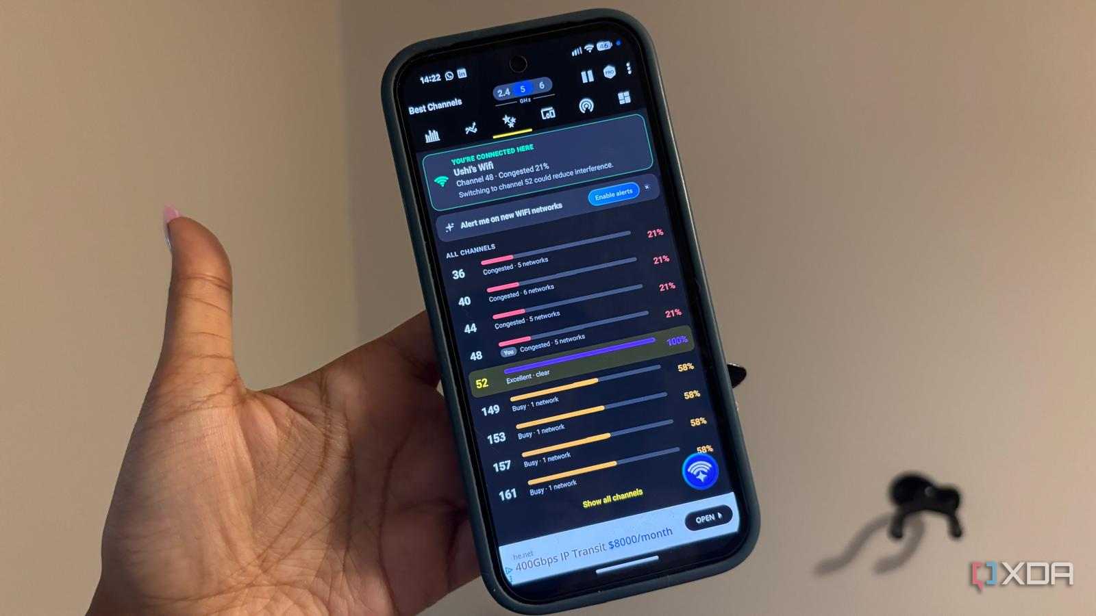 Wi-Fi analyzer showing different channel congestions