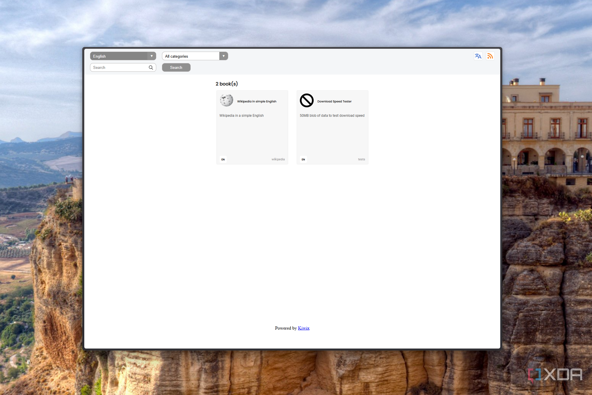 Screenshot of the homepage in Kiwix, showing a Wikipedia database and a sample database file