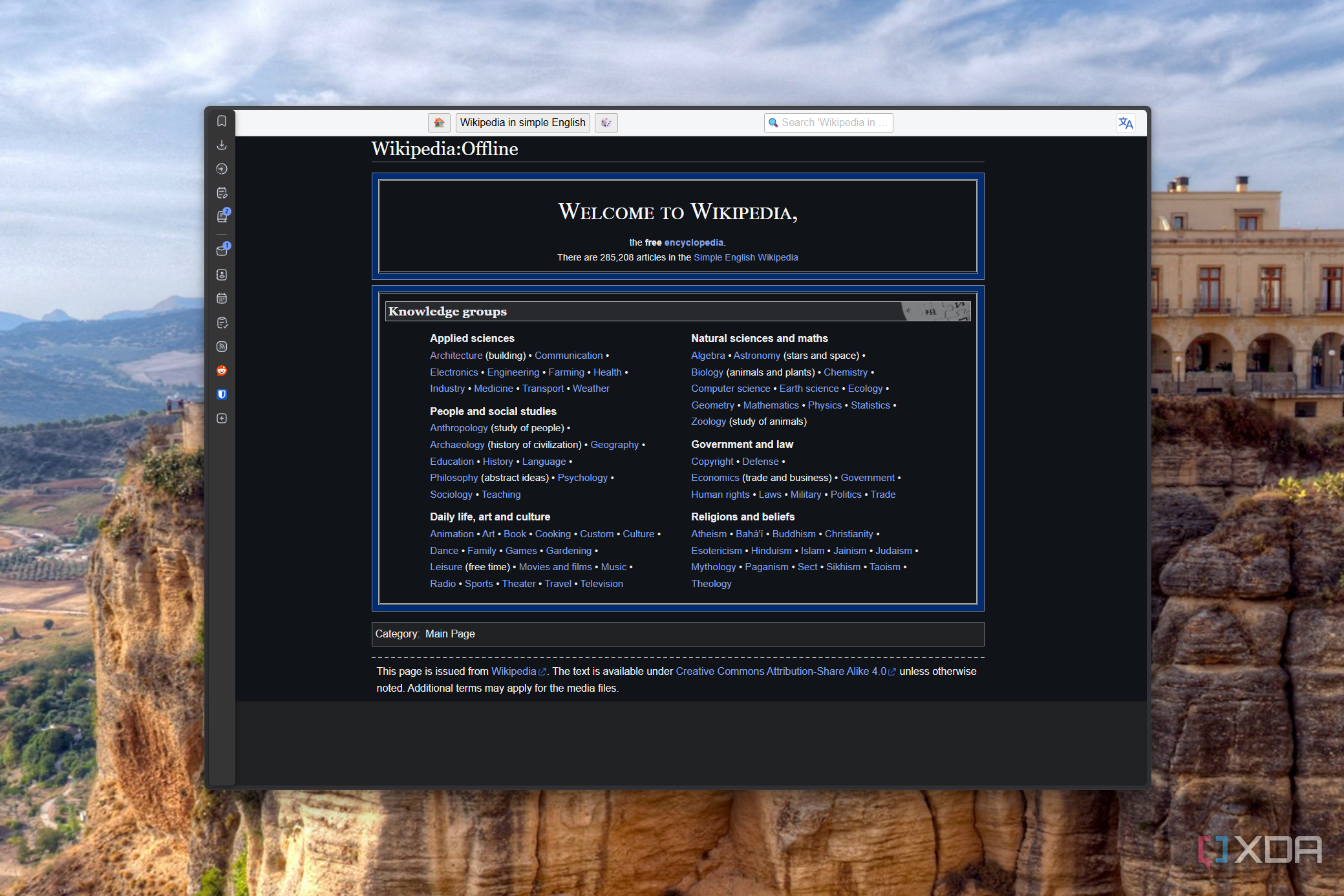 Screenshot of the offline Wikipedia homepage in Simple English powered by Kiwix. Multiple topics are shown, along with a search bar