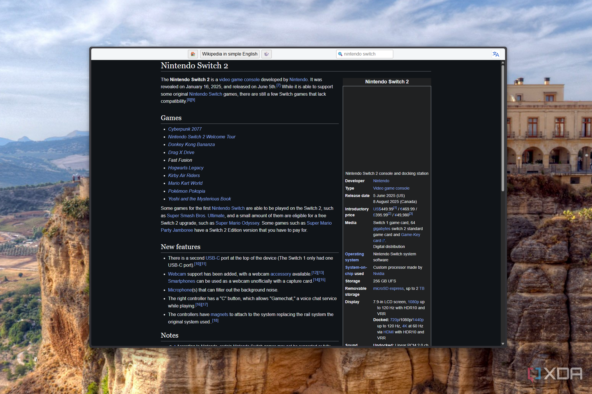 Screenshot of the Wikipedia page for the Nintendo Switch 2 in Simple English