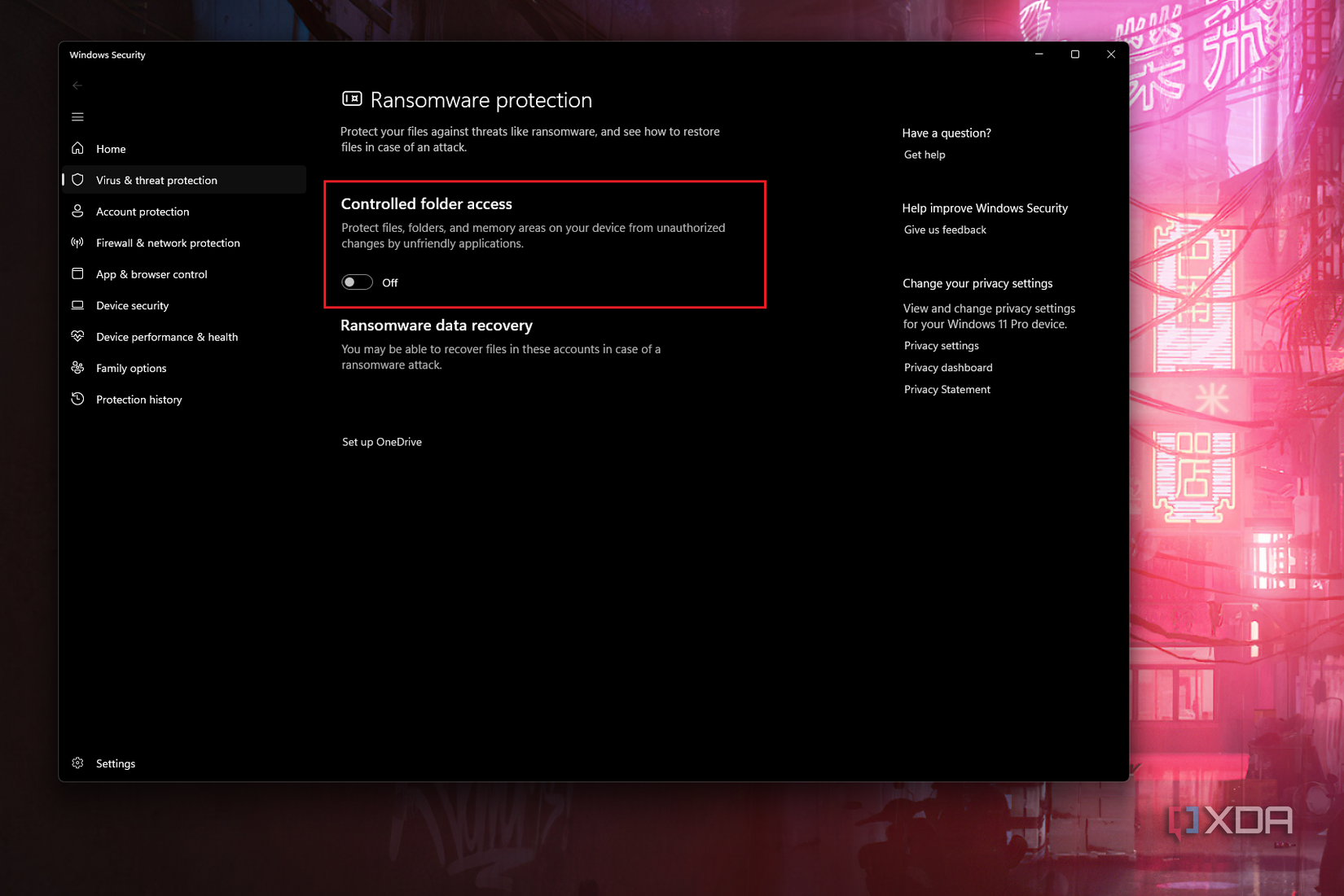 Screenshot of Windows 11 security settings highlighting controlled folder access