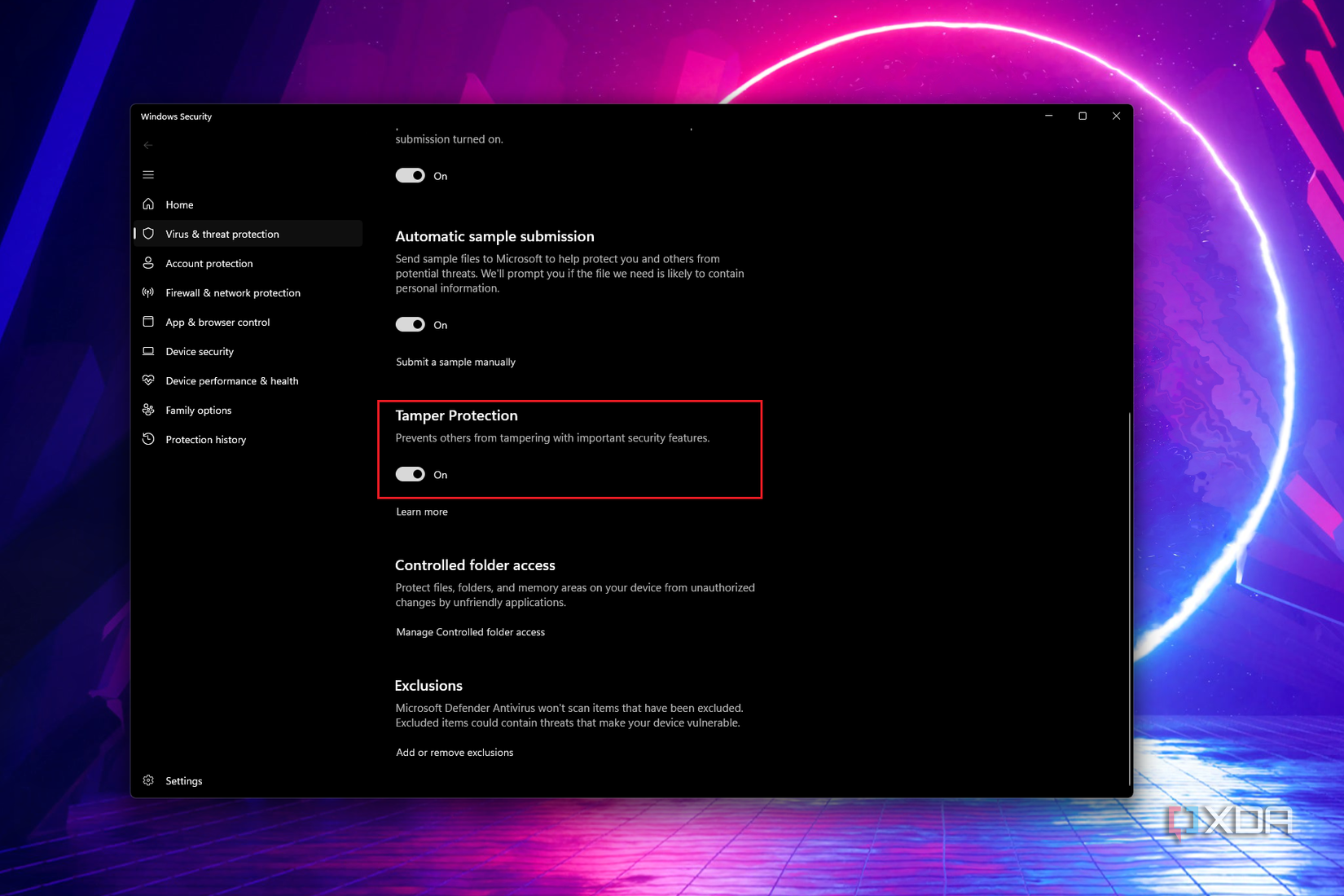 Screenshot of Windows 11 security settings highlighting tamper protection