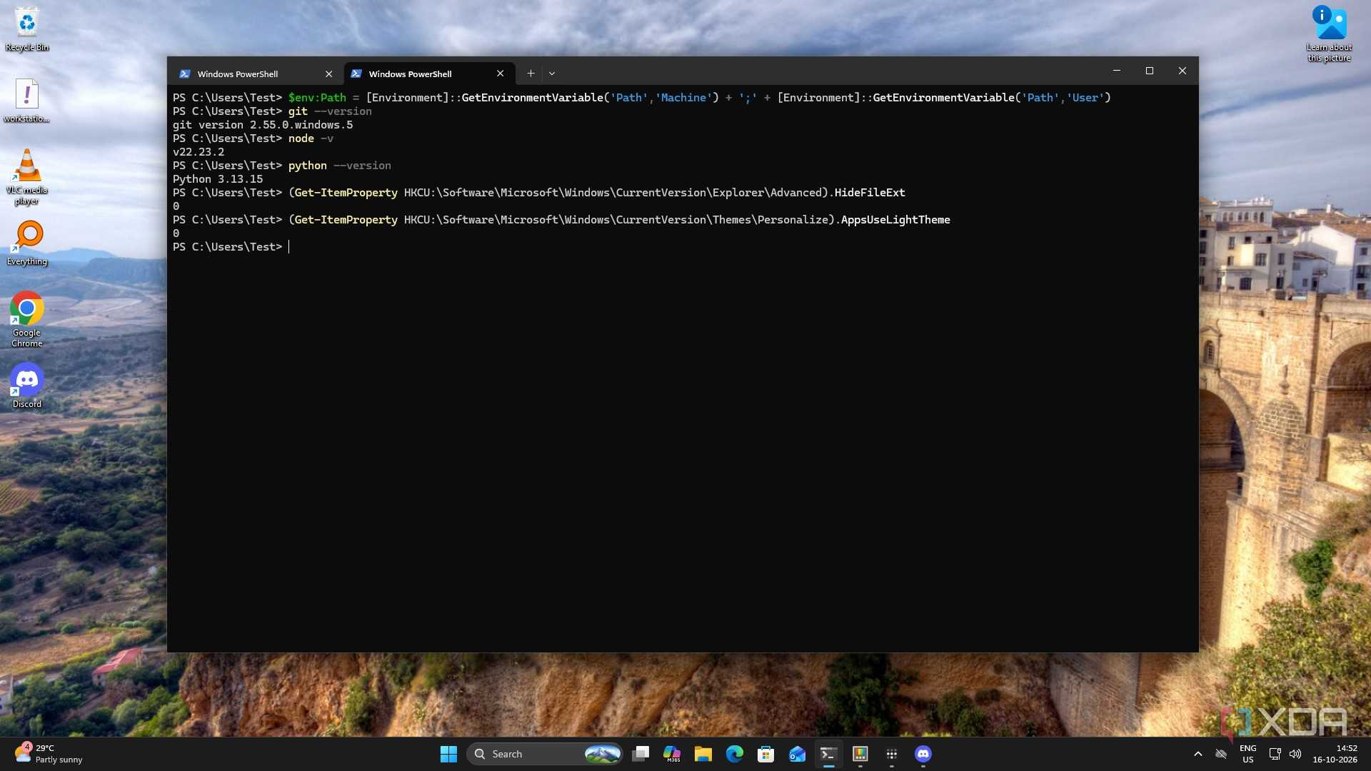 PowerShell confirming file extensions are shown and dark mode is on, with Git, Node and Python versions above