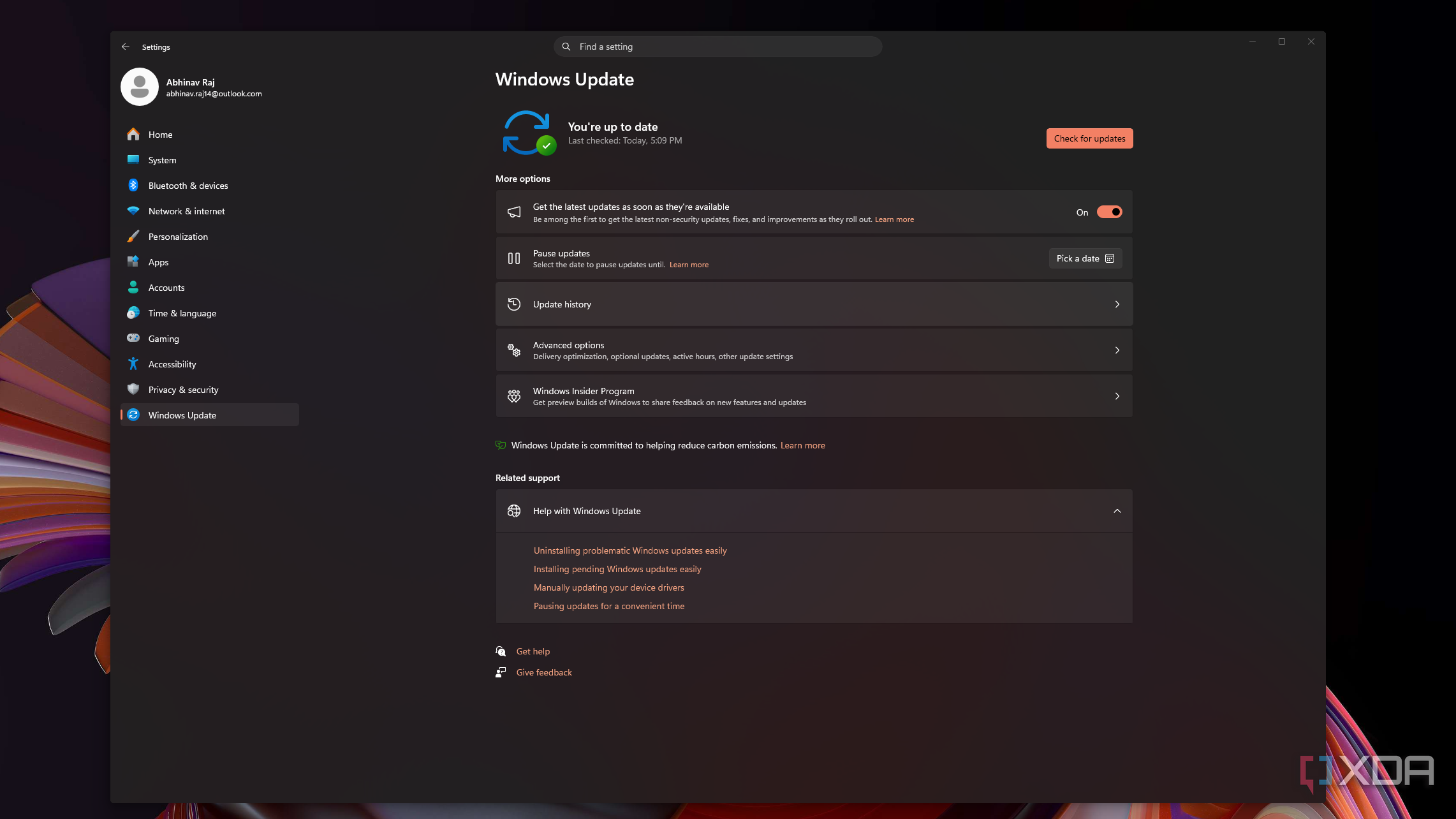 Меню параметров Центра обновления в Windows 11