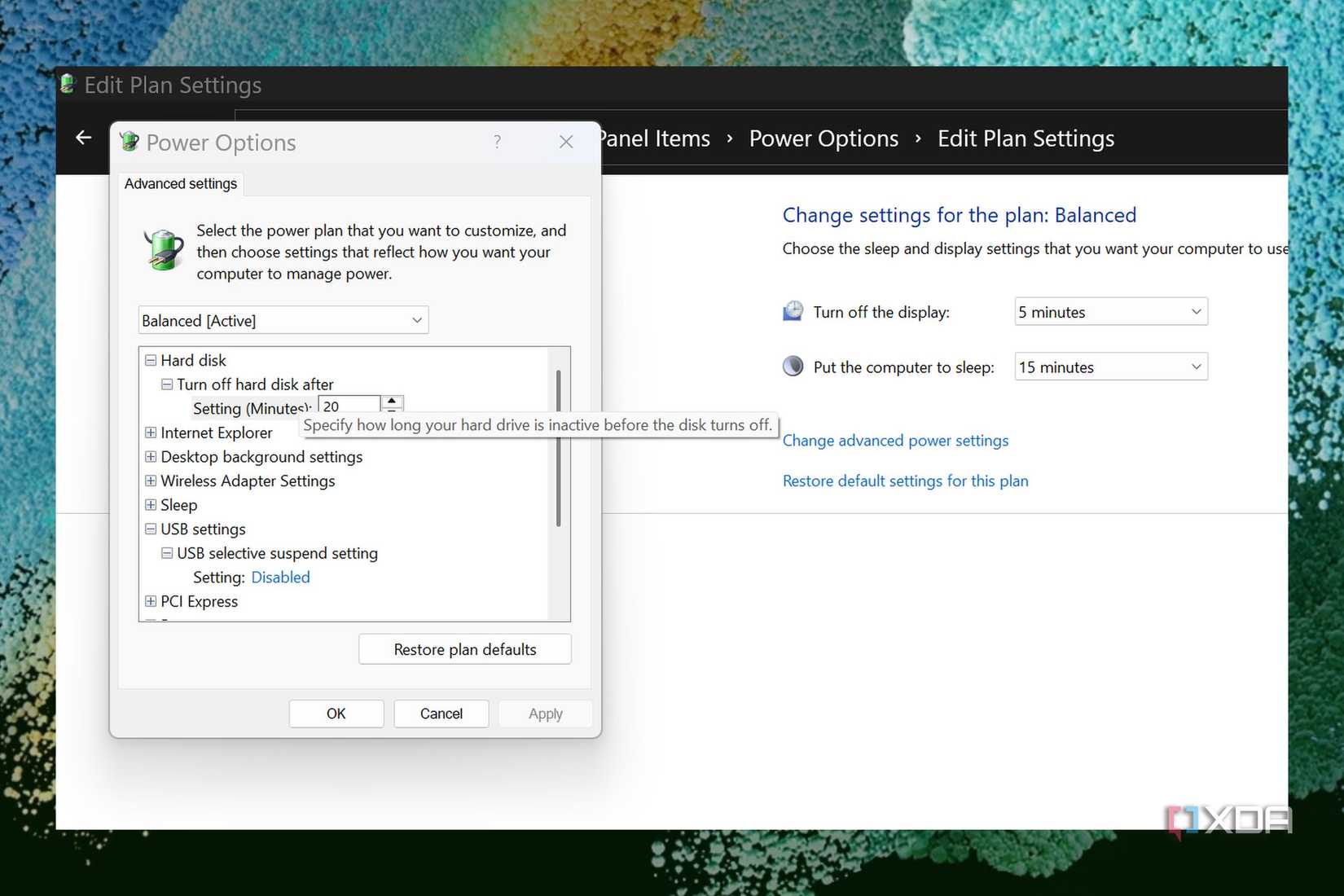 screenshot of windows usb selective suspend