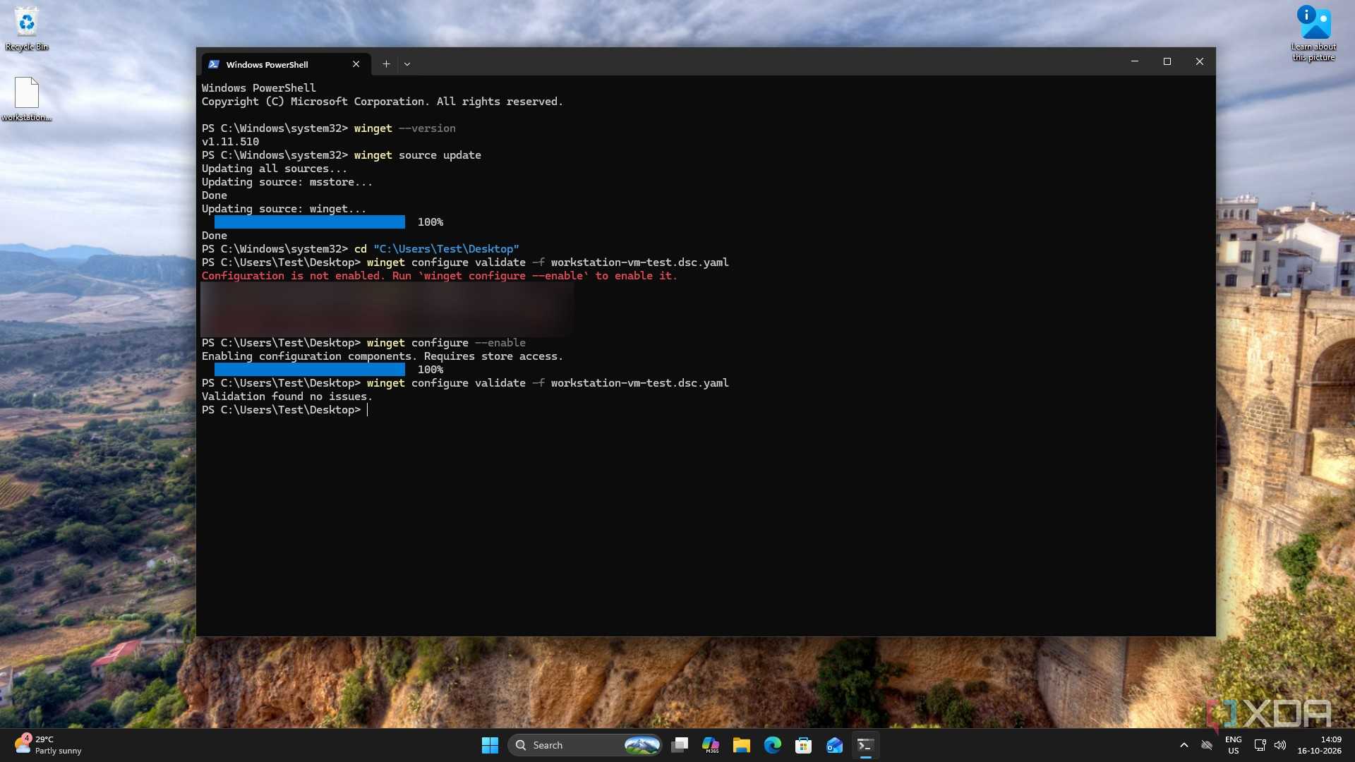 winget reporting that configuration is not enabled, then validating with no issues once it was turned on
