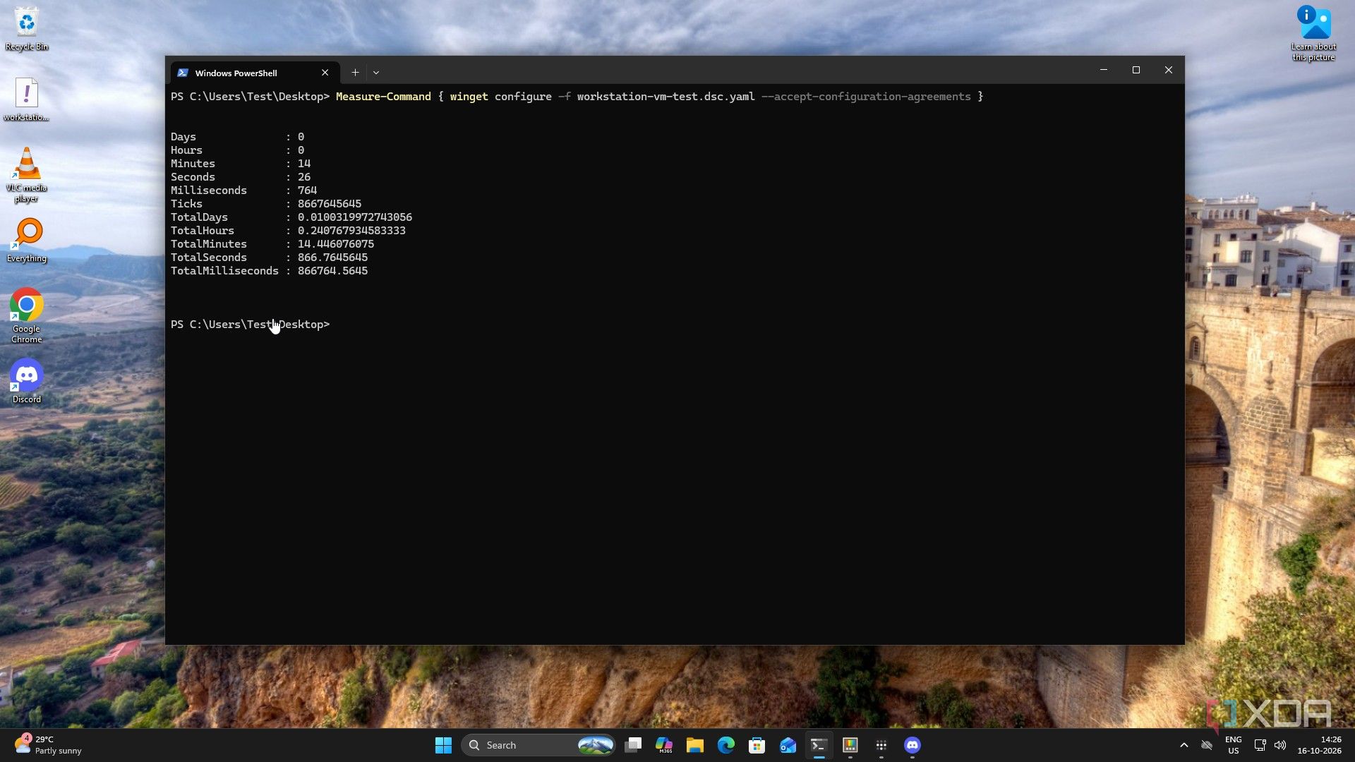 Measure-Command output showing the first run took 14 minutes 26 seconds