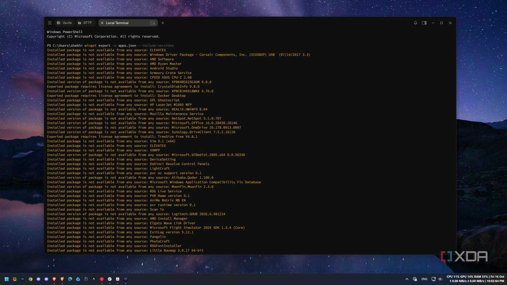 winget export finishing with a long list of packages not available from any source