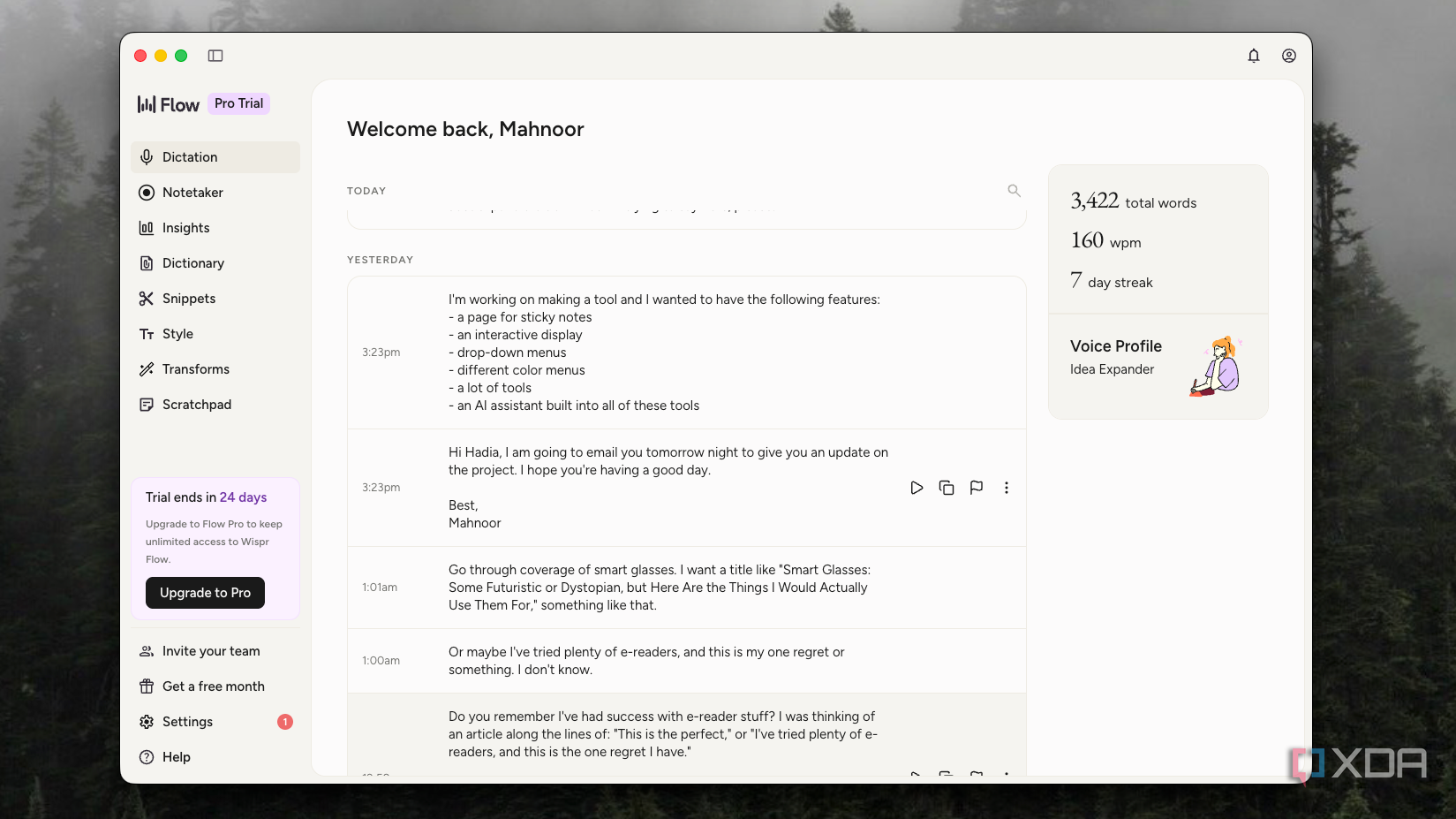 Wispr Flow home screen listing yesterday's dictations alongside word count and wpm stats