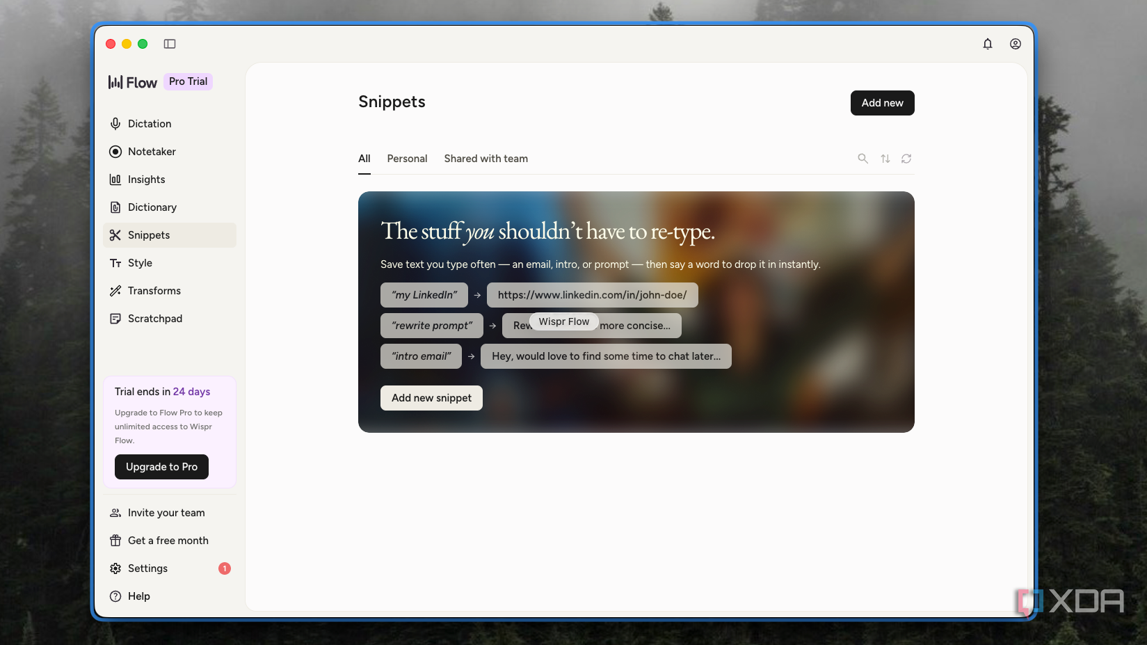 Wispr Flow Snippets page showing example voice shortcuts for links, prompts, and emails