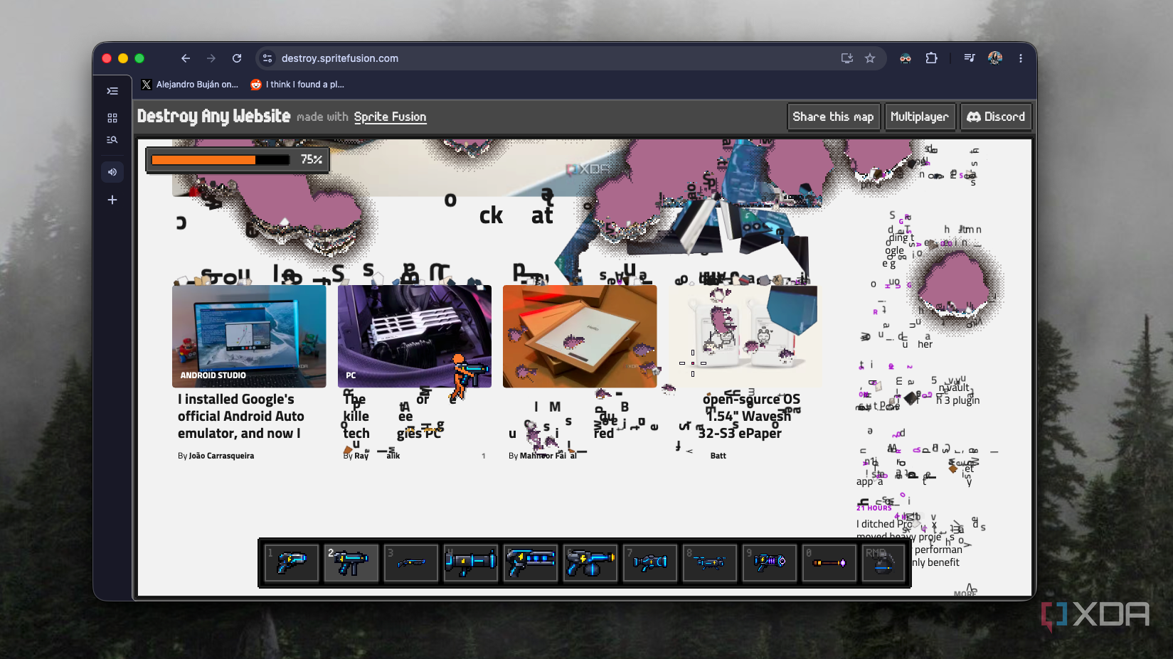 XDA article cards with scattered letters and holes at 75% in Destroy Any Website