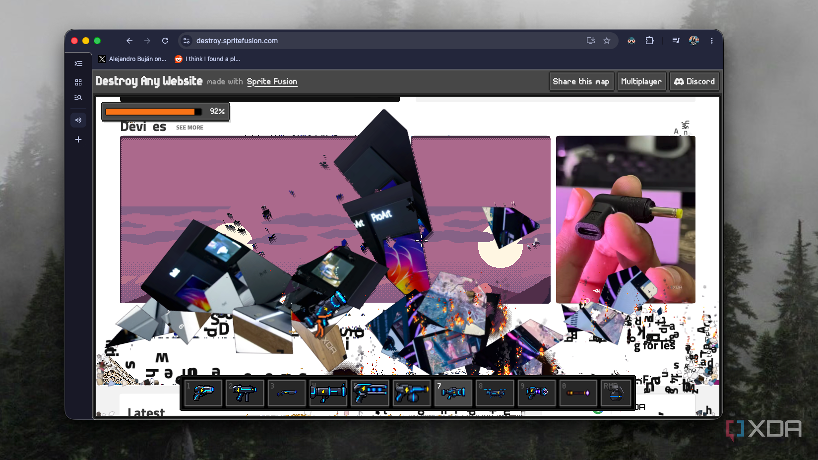 XDA's Devices images falling apart in tilted shards at 92% in Destroy Any Website