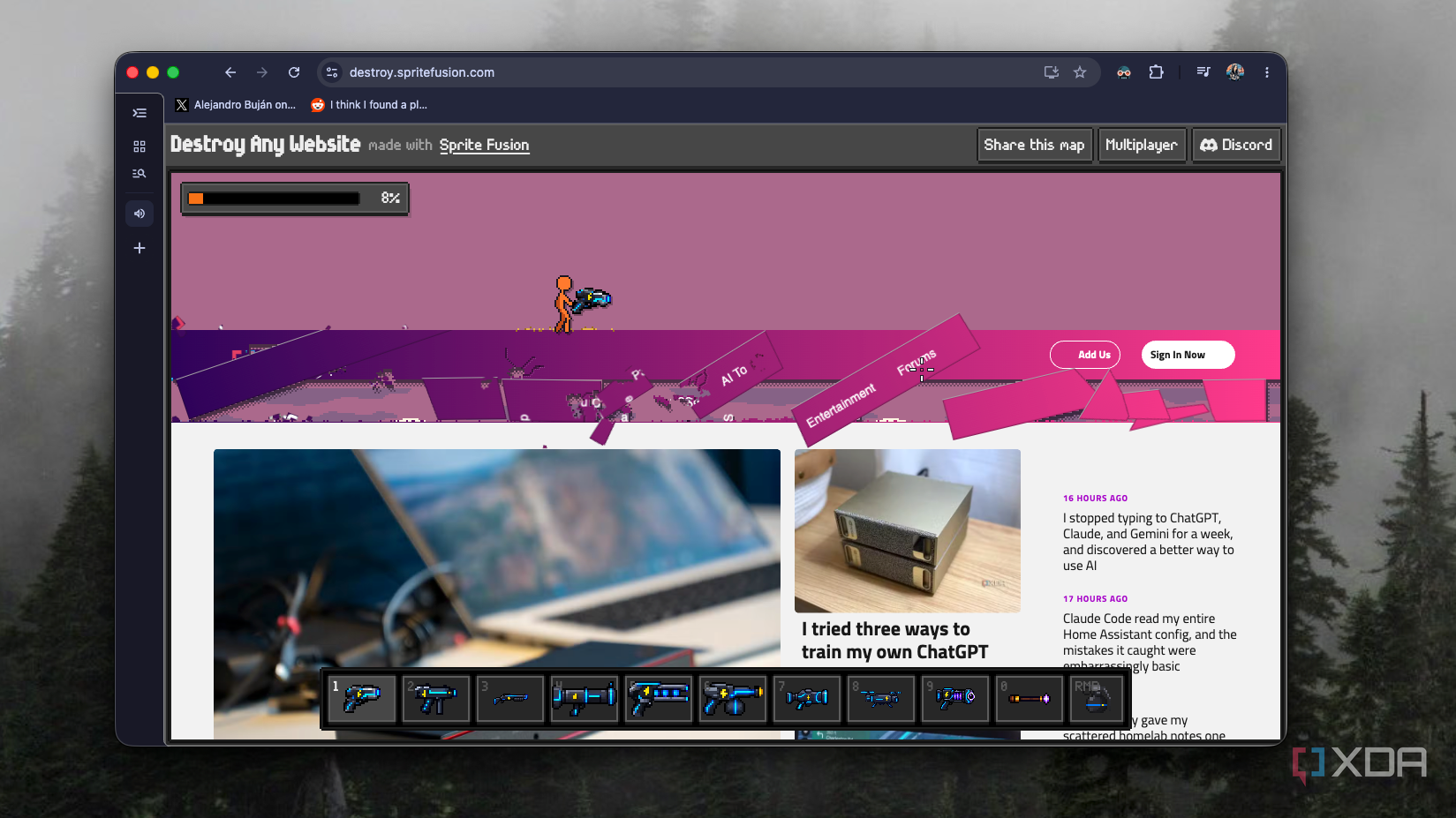 XDA's navigation bar breaking apart under fire at 8% in Destroy Any Website