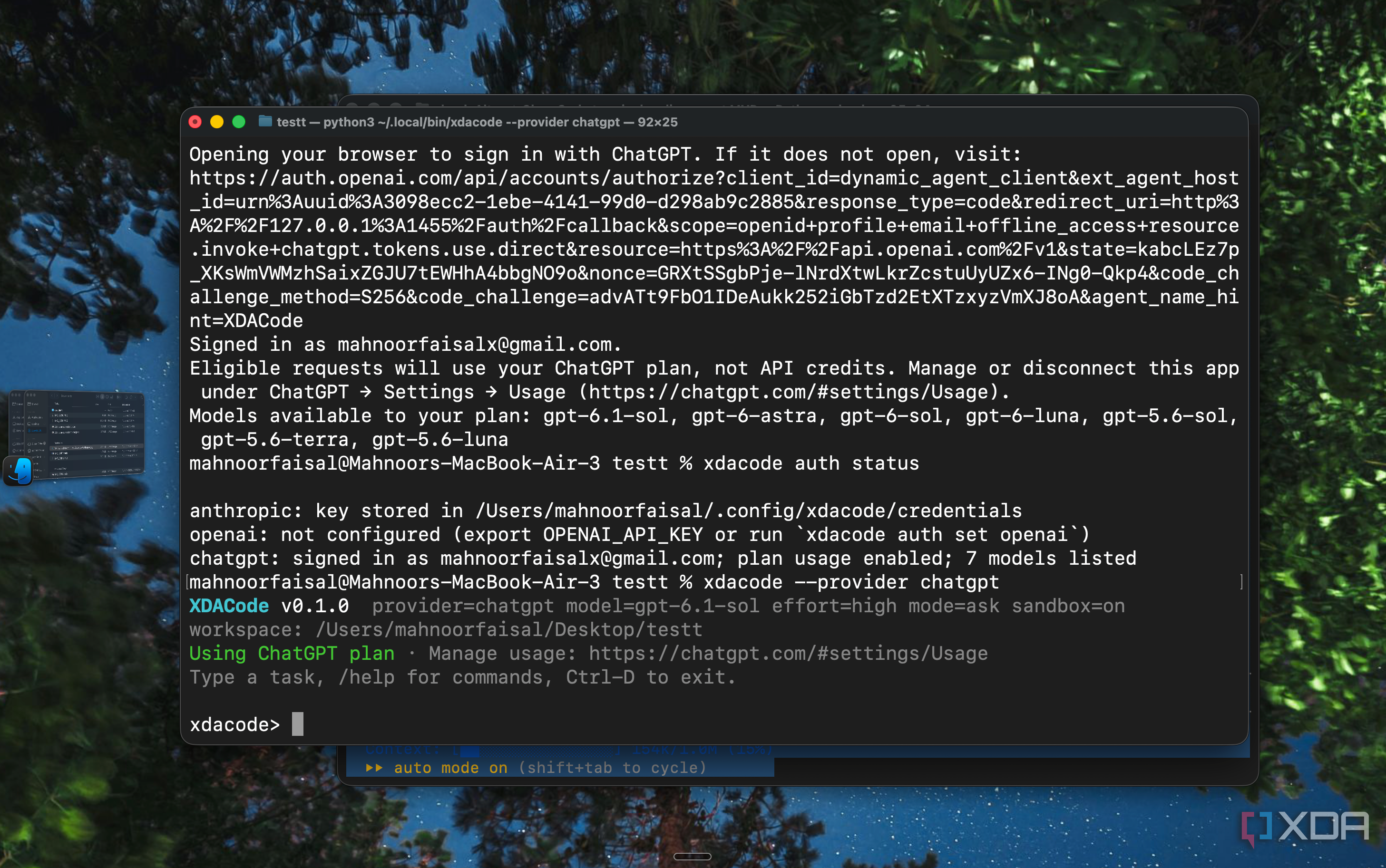 XDACode CLI launched with the ChatGPT provider using the gpt 6.1 sol model