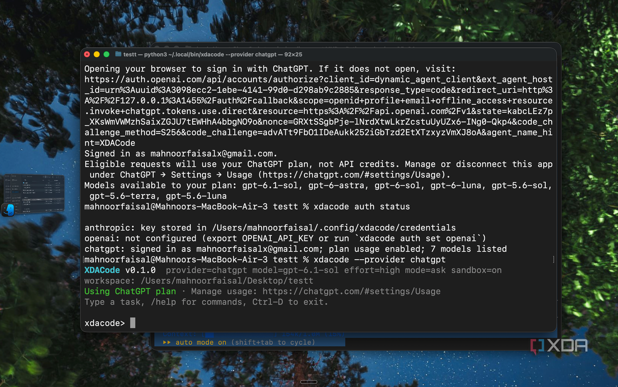 Интерактивный запуск агента XDACode Запуск интерфейса XDACode с провайдером ChatGPT и выбранной моделью